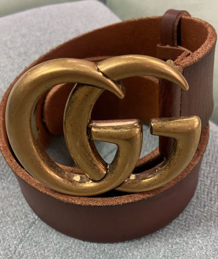 Gucci Wide Leather Belt with Aged Gold GG Buckle - Brown