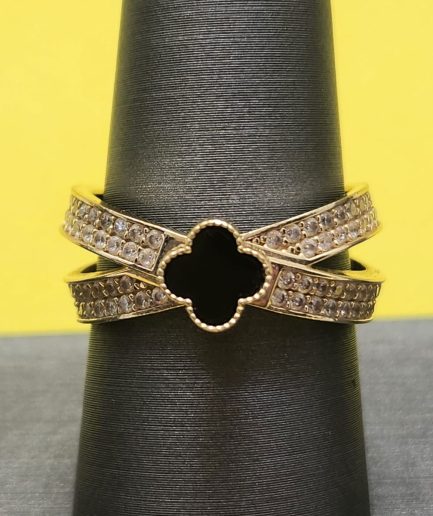 Gold Clover Ring with Black Enamel and Diamond Accents
