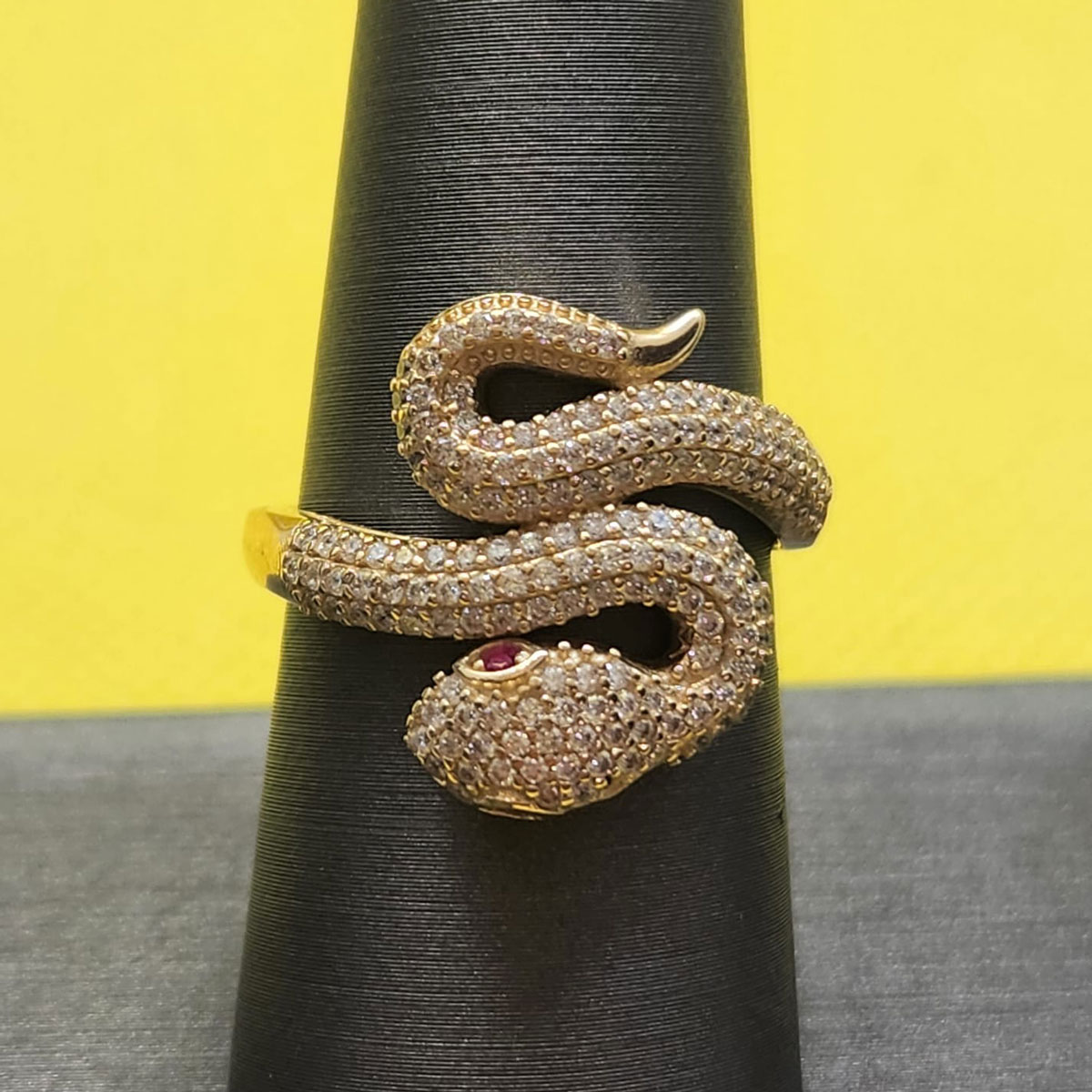 Gold Coiled Snake Ring with Diamond Pave and Ruby Eye