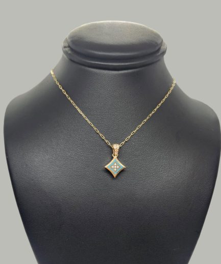 Gold Diamond-Shaped Pendant Necklace with Turquoise Enamel