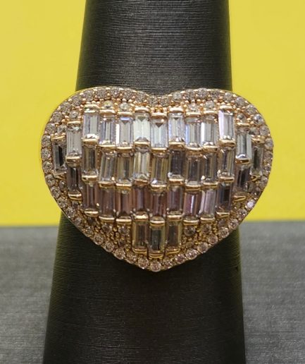 Gold Heart Ring with Baguette and Round Diamond Accents