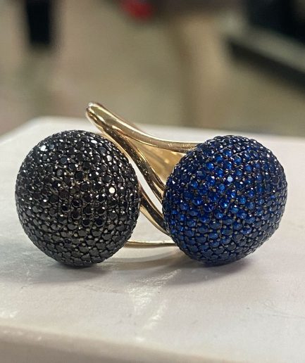 14K Gold Dual Gemstone Dome Ring - Black & Blue Pave Crystals (Size 7)